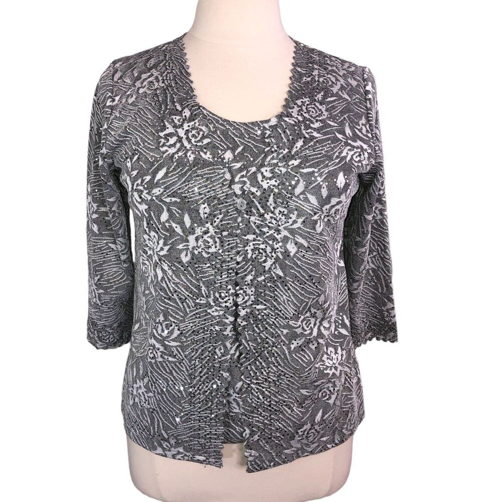 Allie & Rob Evening Bling Blouse Cardigan Boat Neck Lagenlook Silver Gray